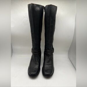 BORN Black Leather Knee High Stacked Heels Boots US 9/ EU 40.5